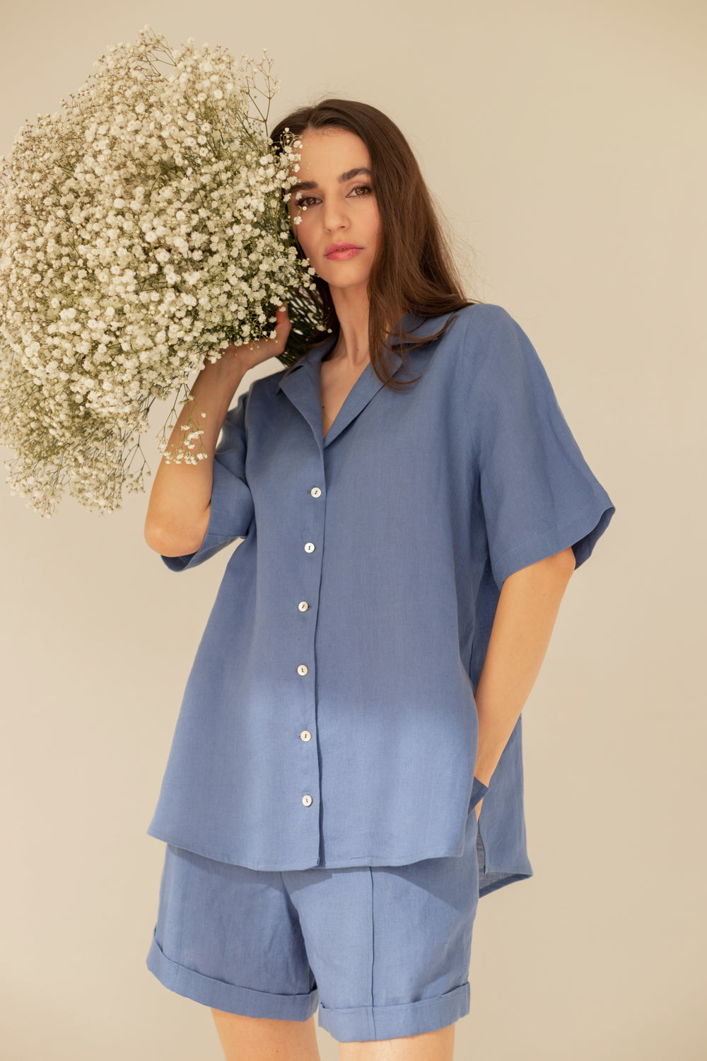 Linen Cassis Two Piece Set - Blue