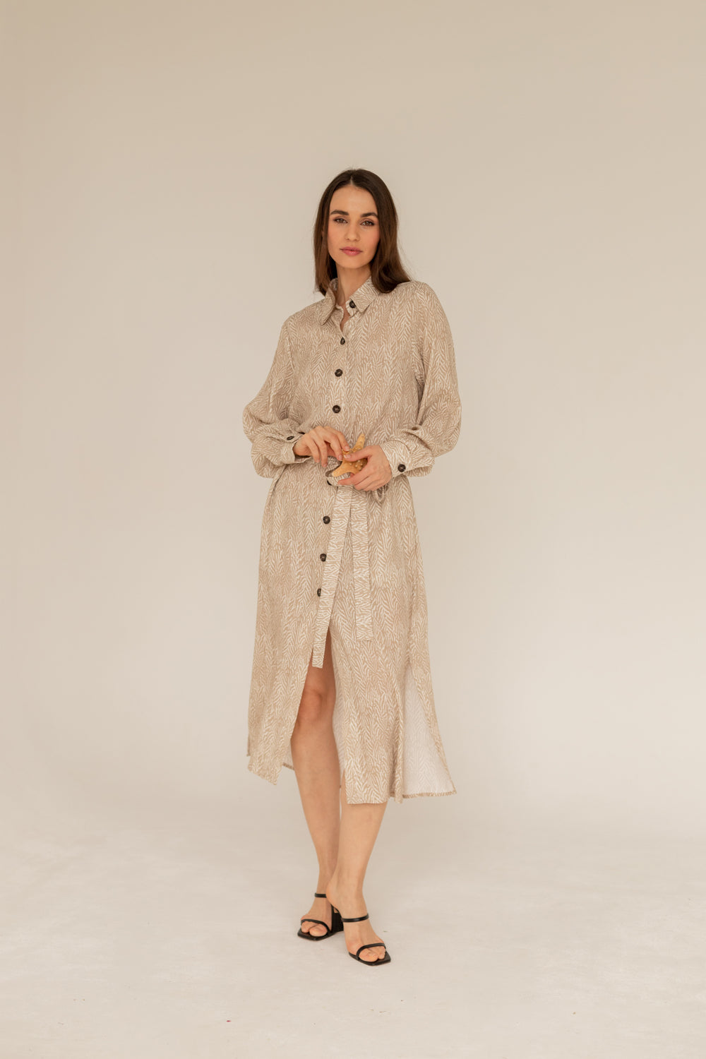 Printed Maxi Shirt Dress - Beige