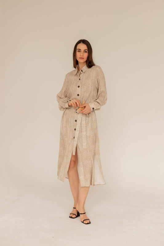 Printed Maxi Shirt Dress - Beige