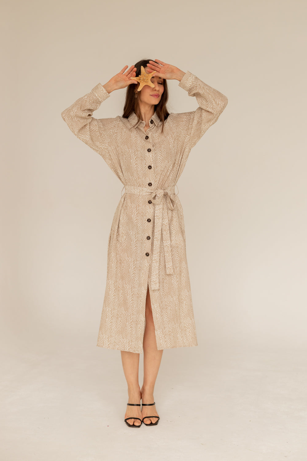 Printed Maxi Shirt Dress - Beige