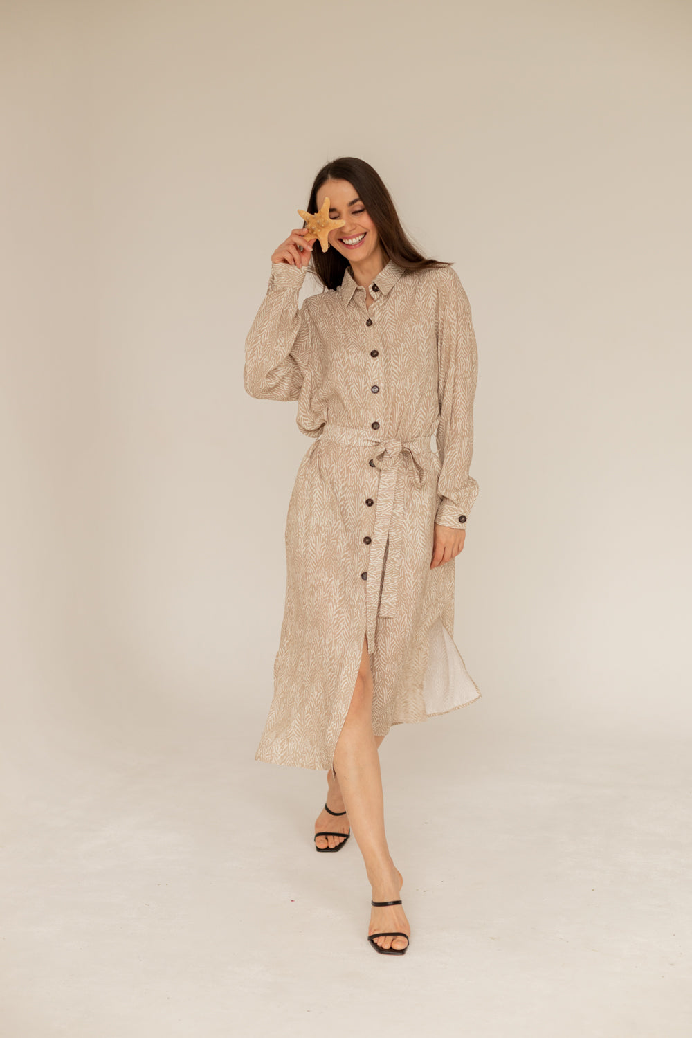 Printed Maxi Shirt Dress - Beige
