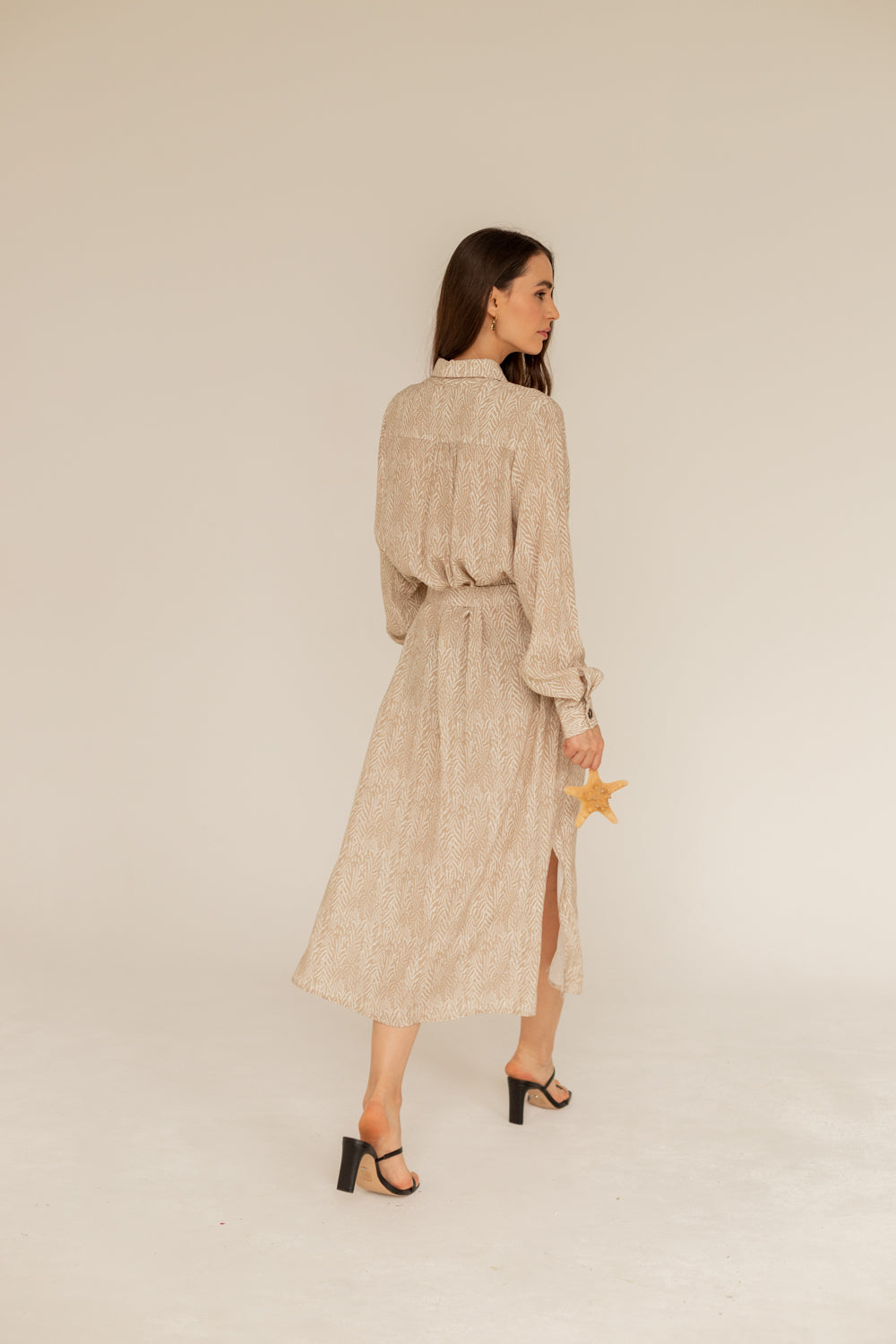 Printed Maxi Shirt Dress - Beige