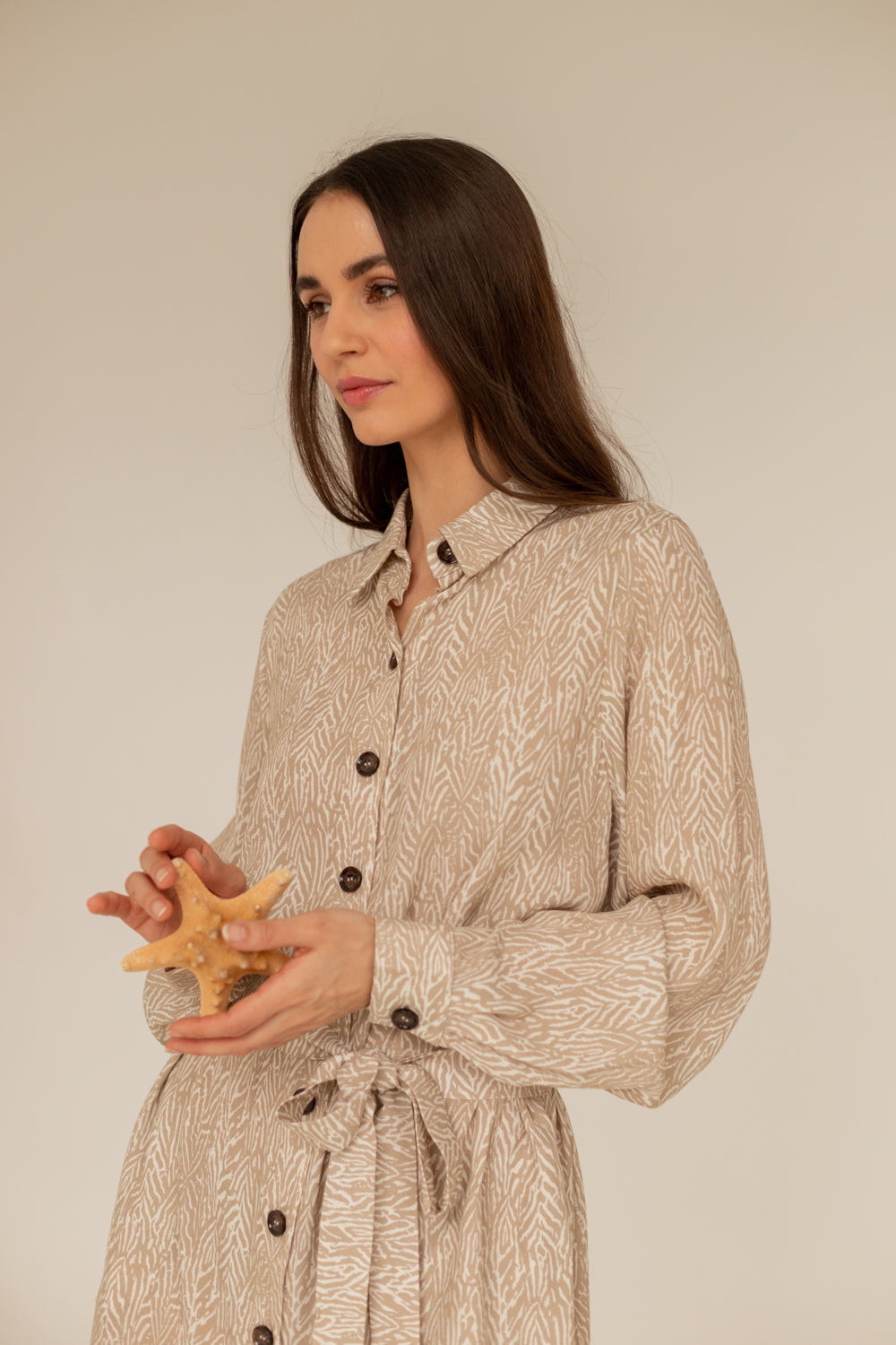 Printed Maxi Shirt Dress - Beige