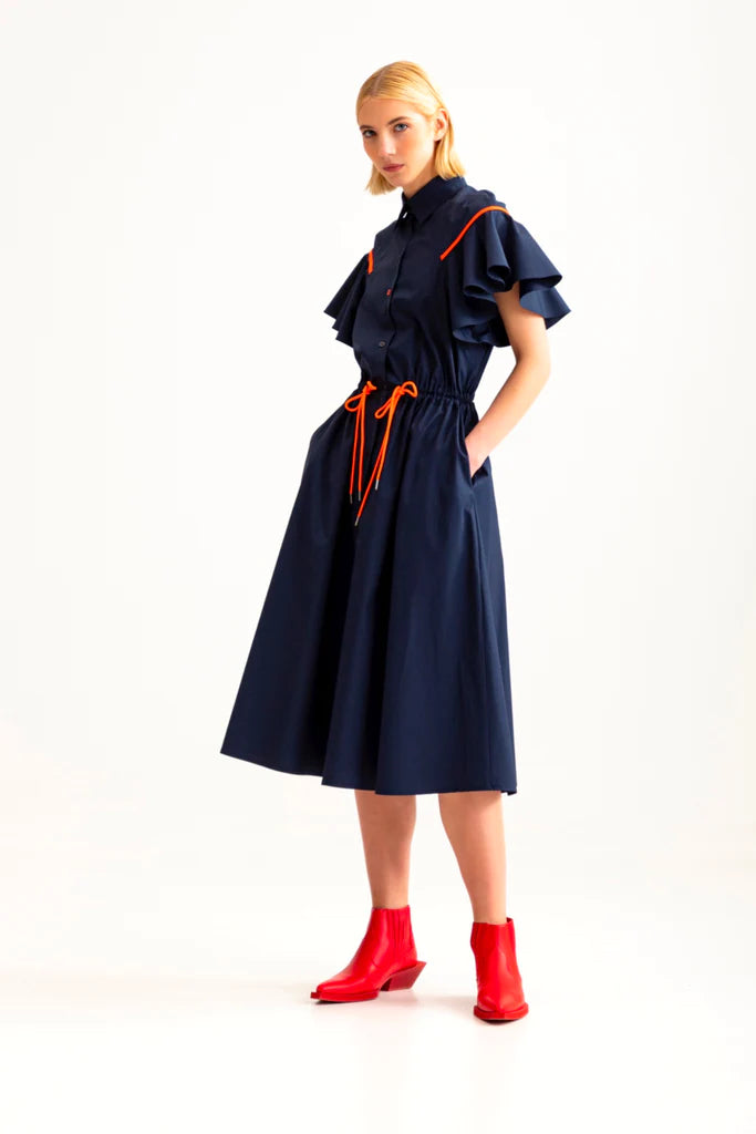 Bell Sleeve Shirt Dress - Navy Blue