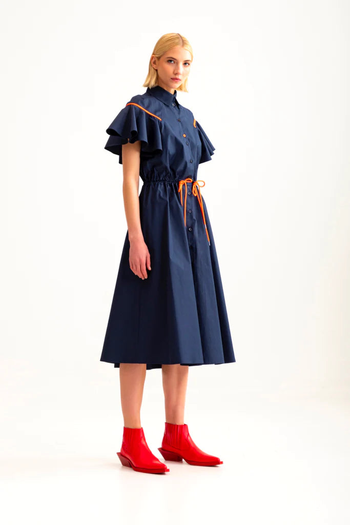 Bell Sleeve Shirt Dress - Navy Blue