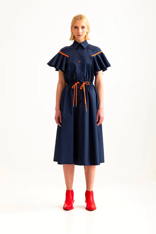 Bell Sleeve Shirt Dress - Navy Blue