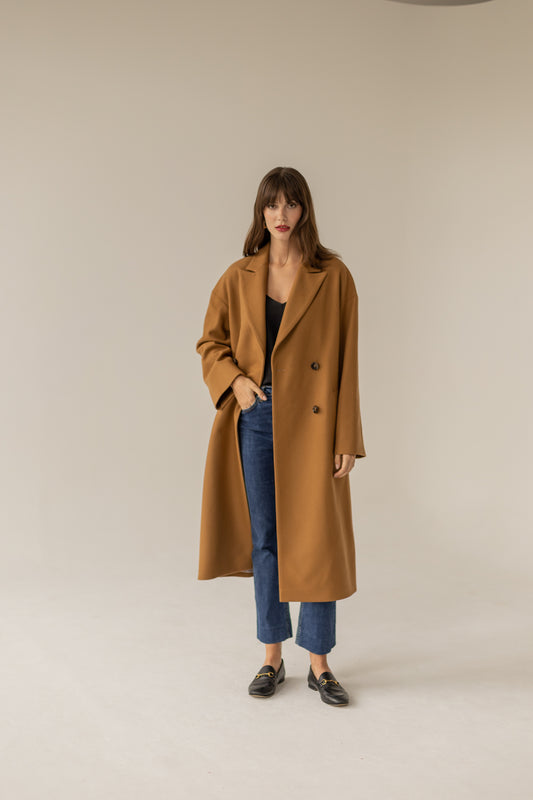 Double Breasted Cashmere Wool Coat - Caramel