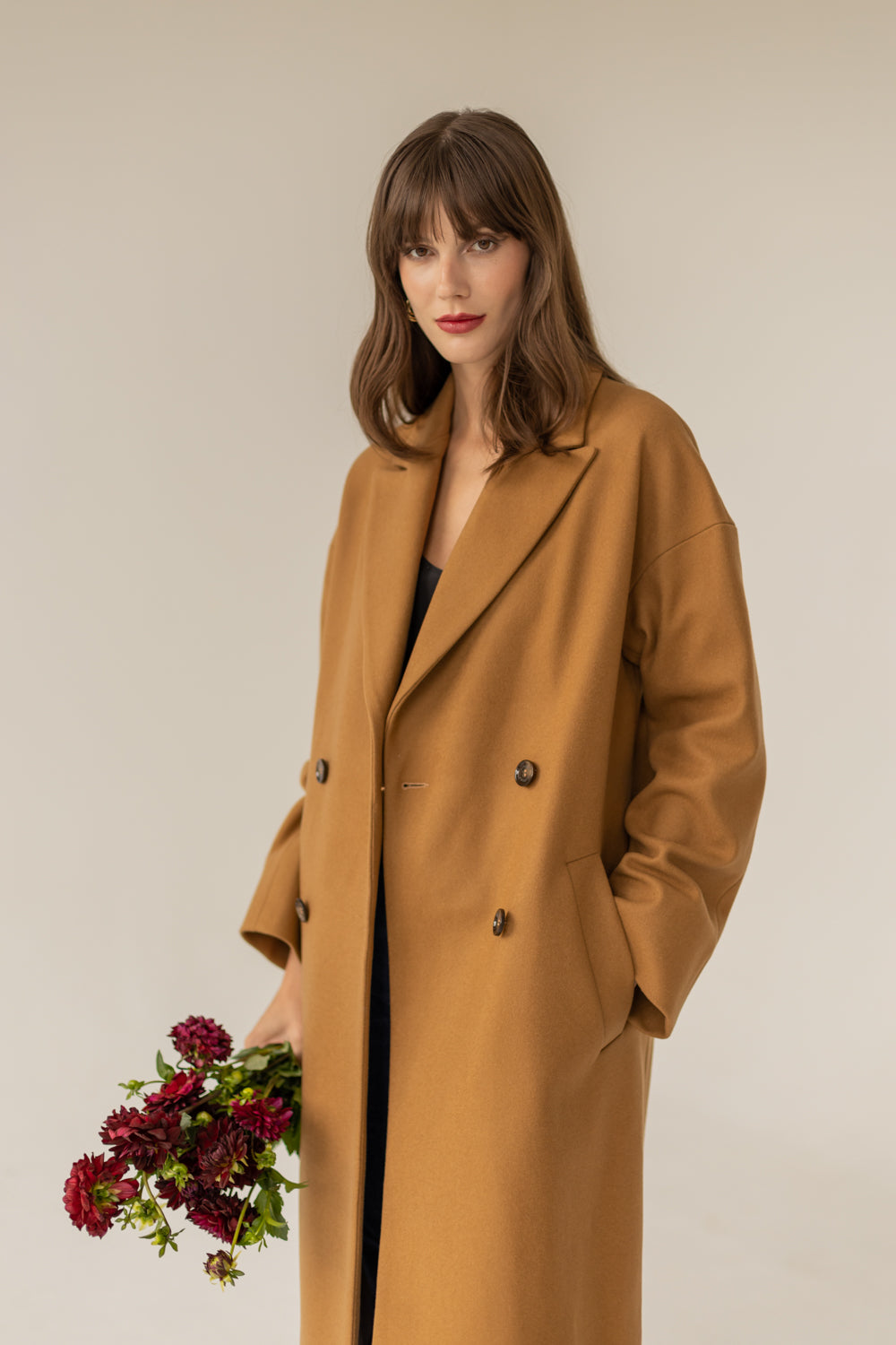 Double Breasted Cashmere Wool Coat - Caramel