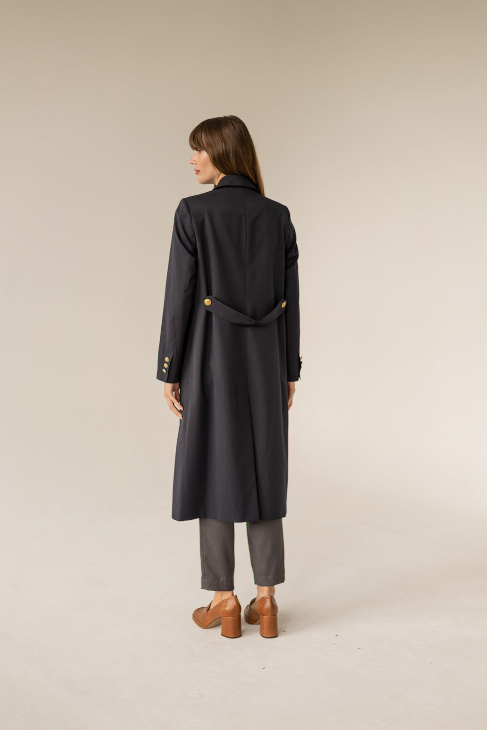 Long Gold Buttons Wool Trenchcoat - Navy Blue