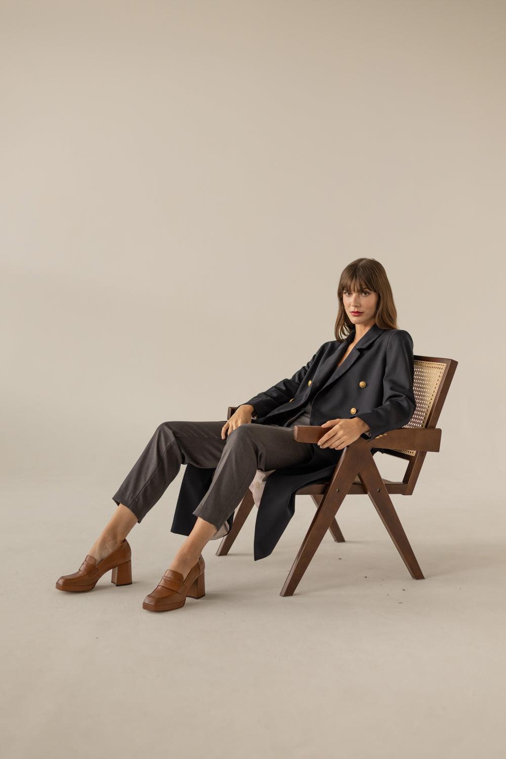 Long Gold Buttons Wool Trenchcoat - Navy Blue