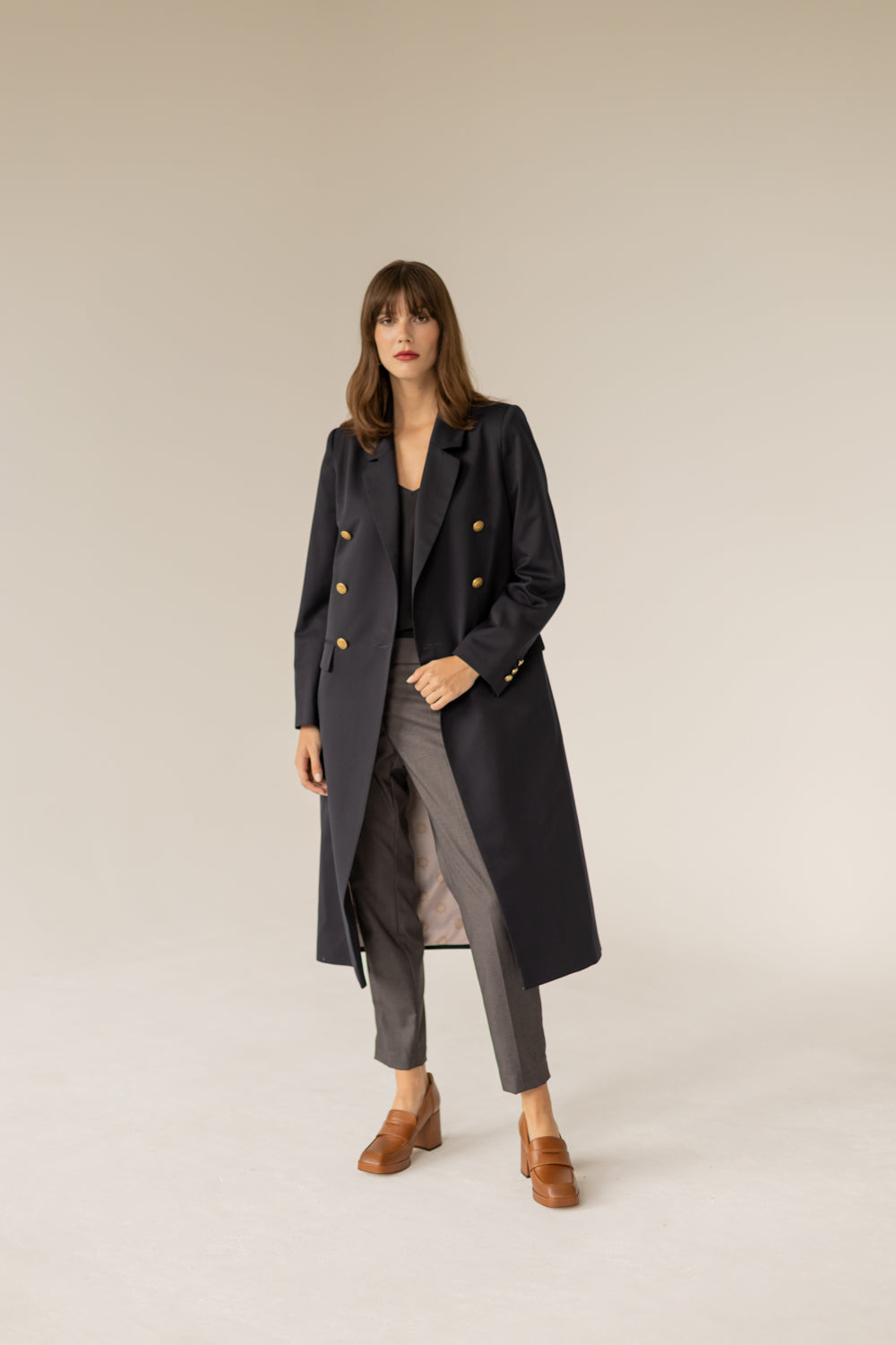 Long Gold Buttons Wool Trenchcoat - Navy Blue