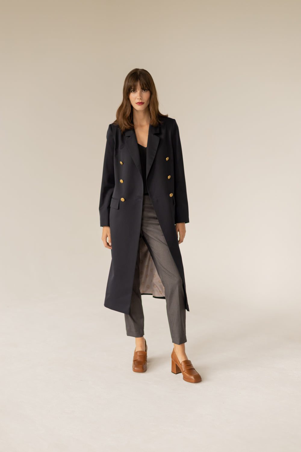 Long Gold Buttons Wool Trenchcoat - Navy Blue