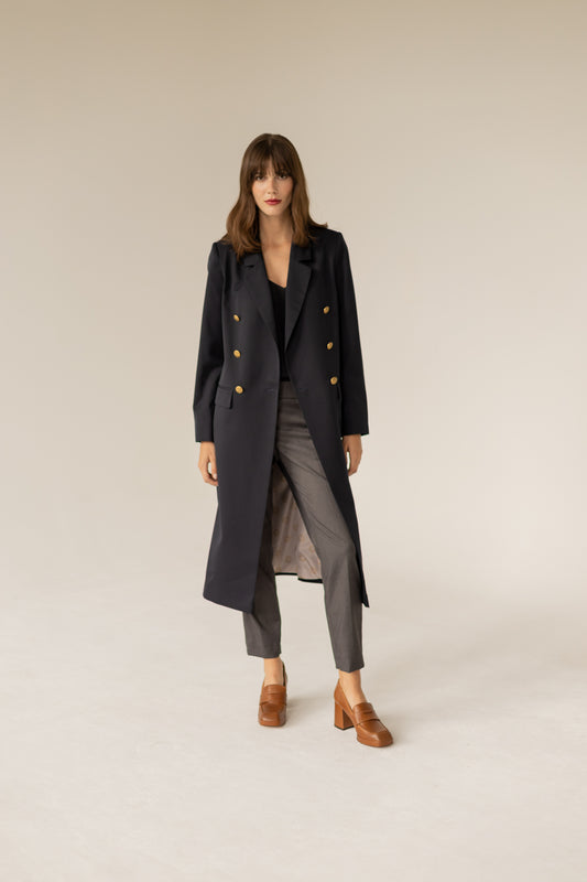 Long Gold Buttons Wool Trenchcoat - Navy Blue