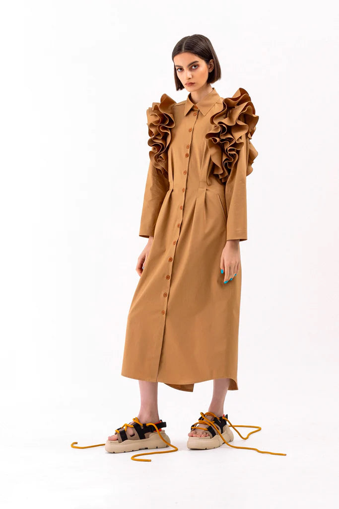 Ruffled Shoulders Dress - French Beige