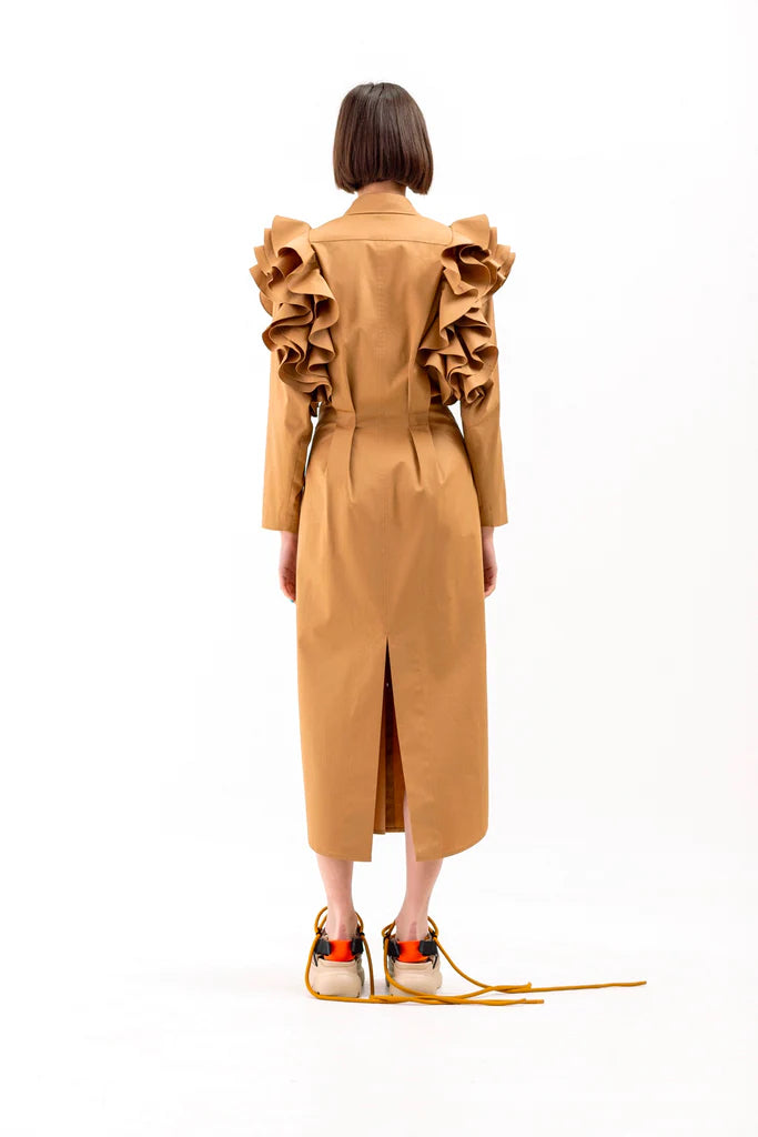 Ruffled Shoulders Dress - French Beige