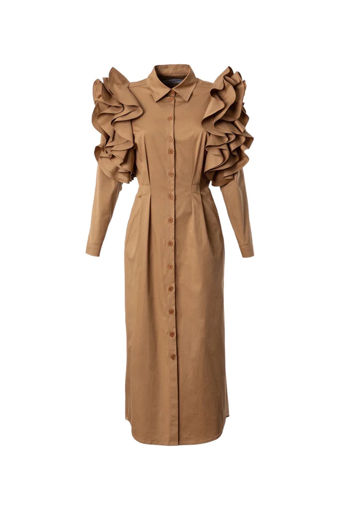 Ruffled Shoulders Dress - French Beige