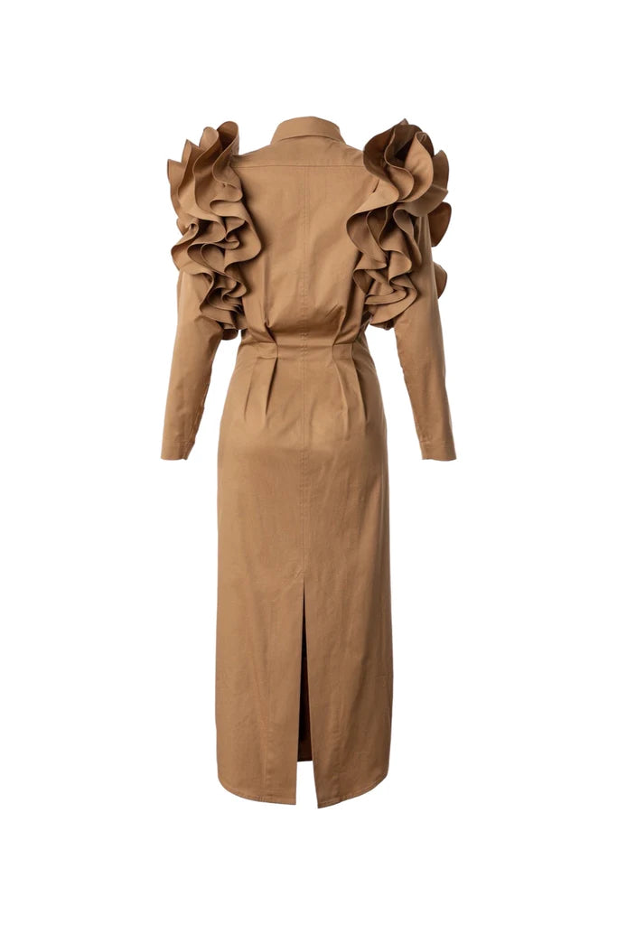 Ruffled Shoulders Dress - French Beige
