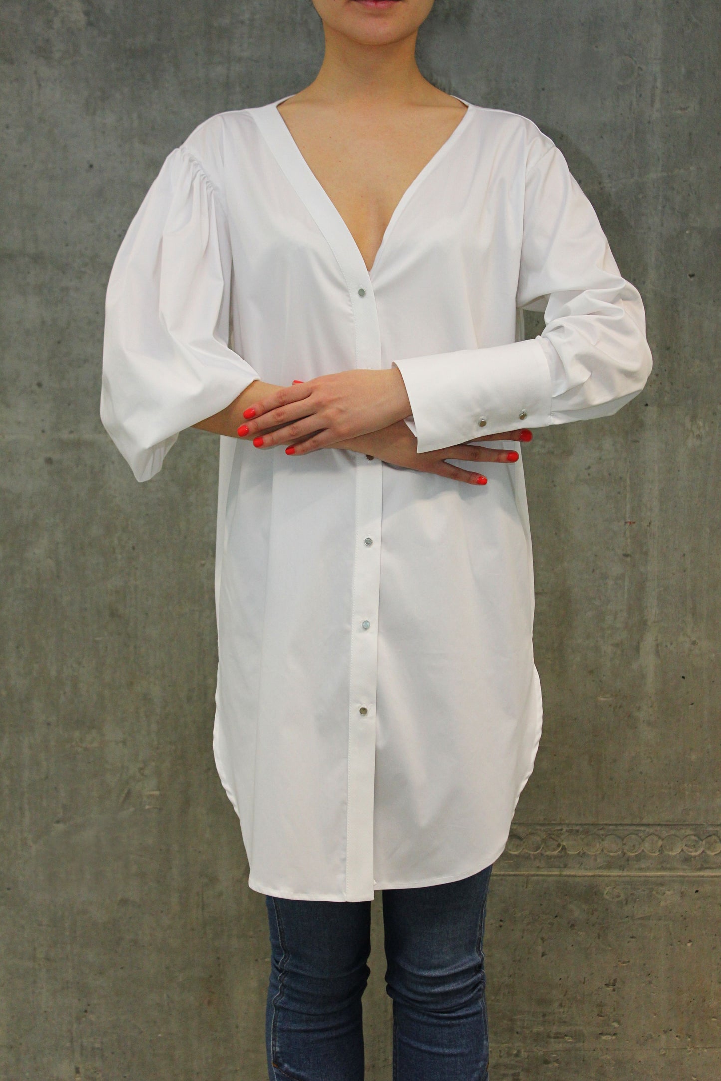 Asymmetric White Shirt With Oversized Right Sleeve