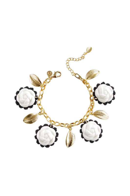Porcelain Camellias And Golden Leaves Bracelet