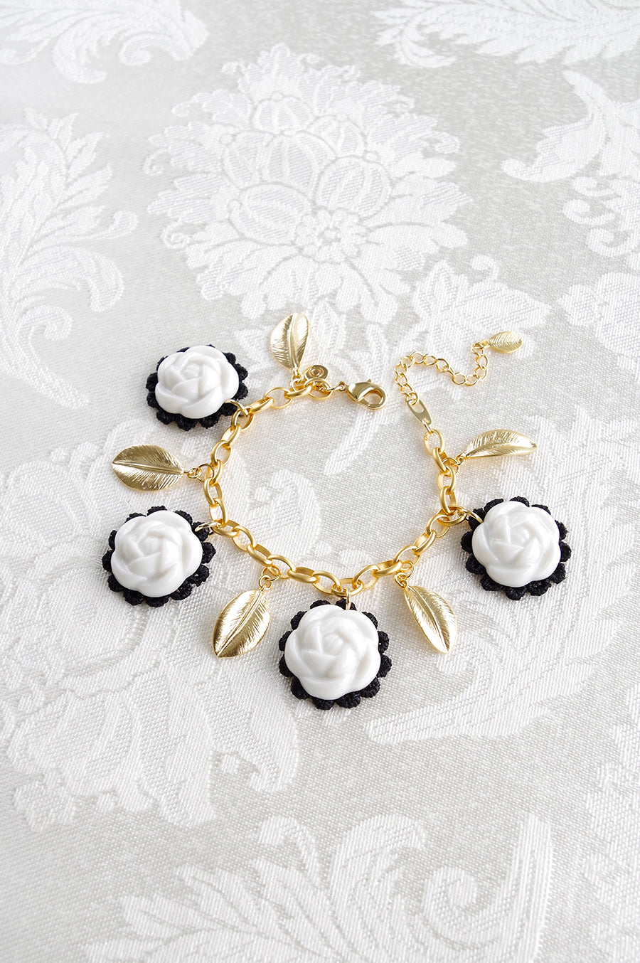 Porcelain Camellias And Golden Leaves Bracelet