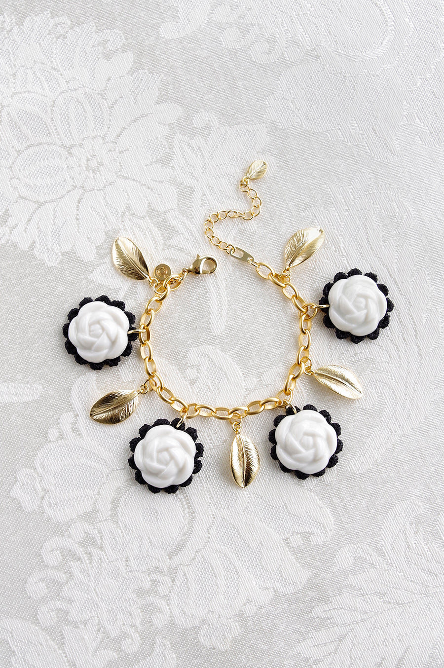 Porcelain Camellias And Golden Leaves Bracelet