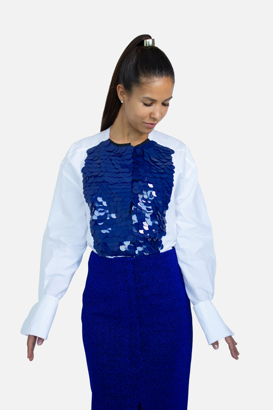 Blue Large Sequin White Shirt