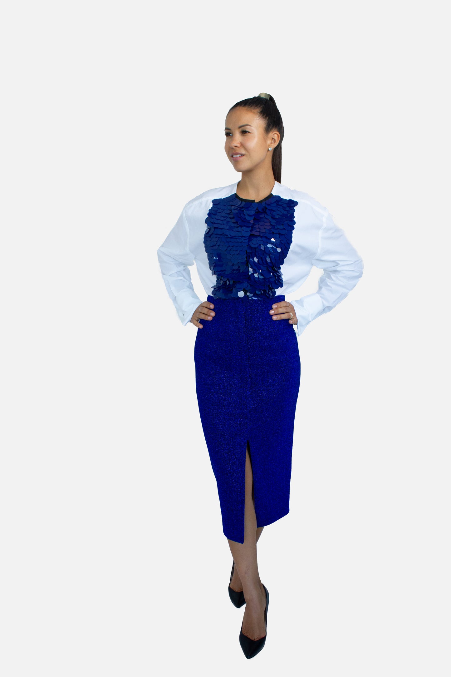 Blue Metallic Pencil Skirt