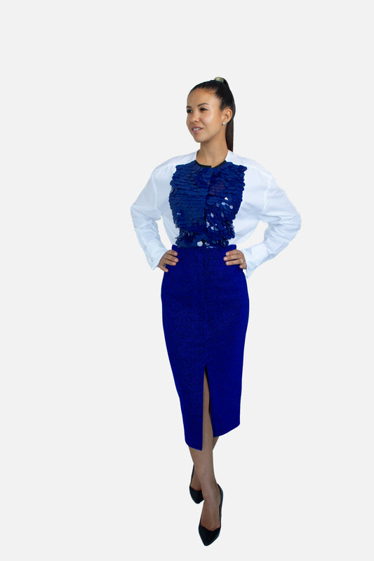 Blue Metallic Pencil Skirt
