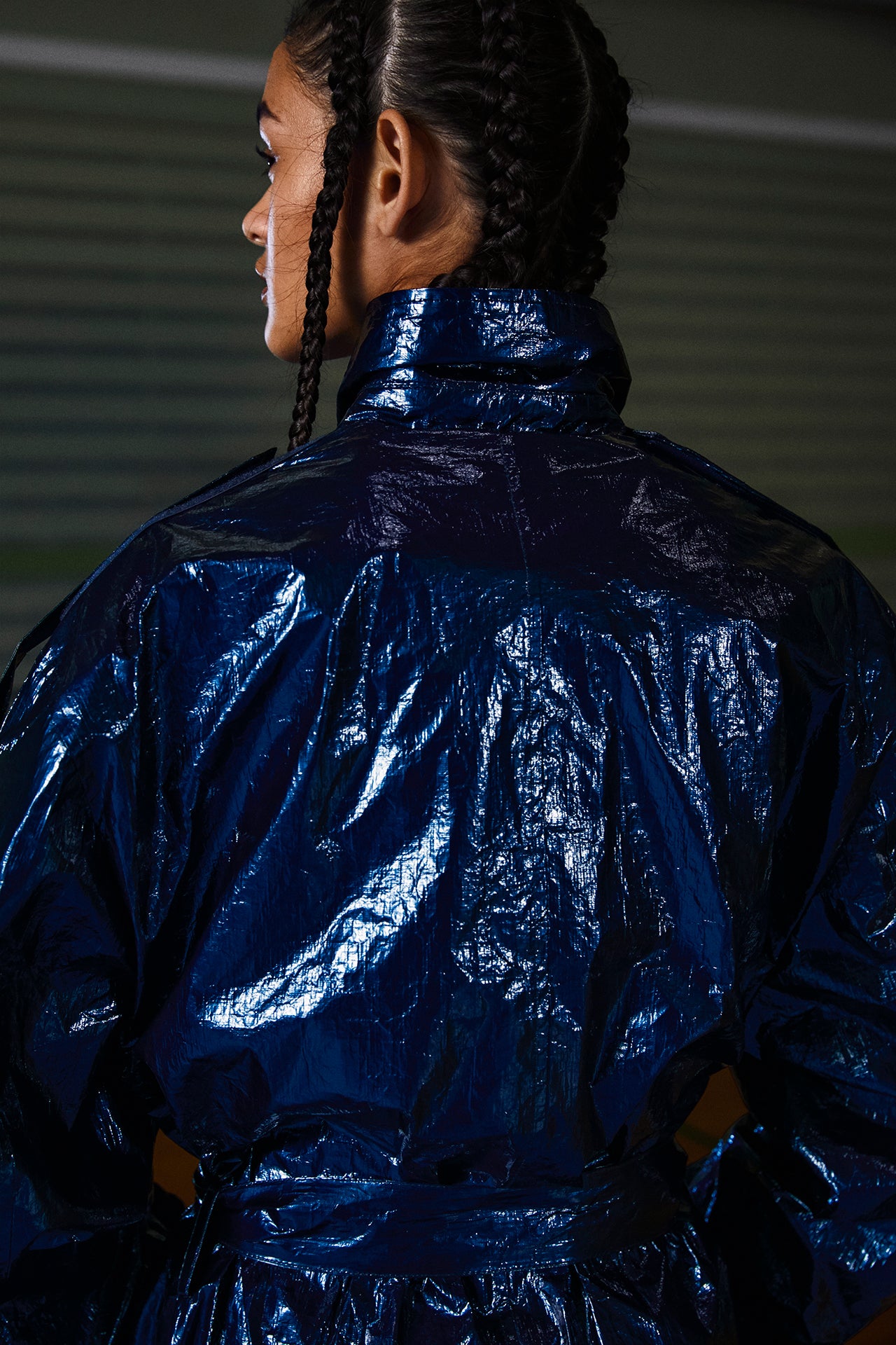 Blue Wrinkled Moon Trench Coat
