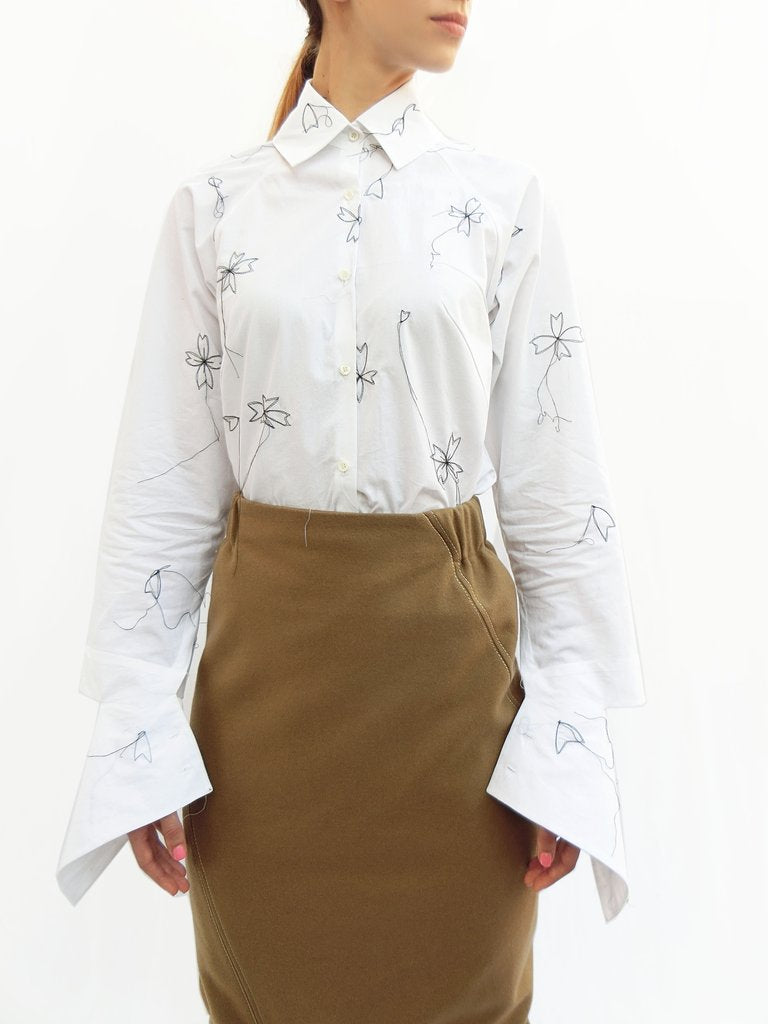 High Collar Flower Stitching Embroidered Shirt