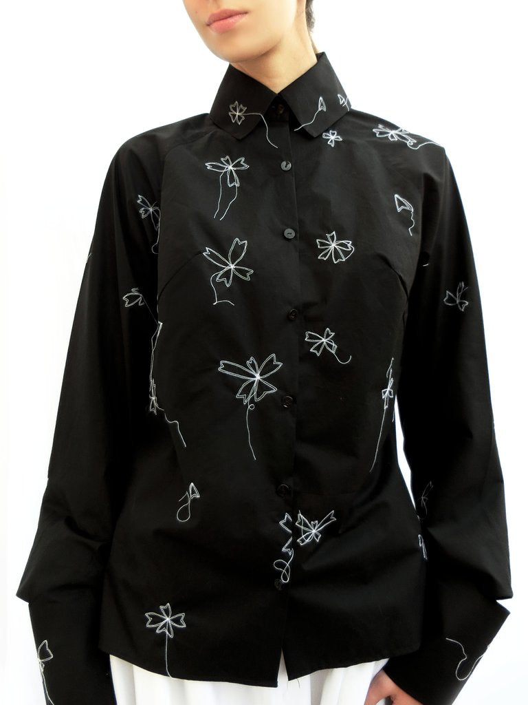 High Collar Flower Stitching Embroidered Shirt
