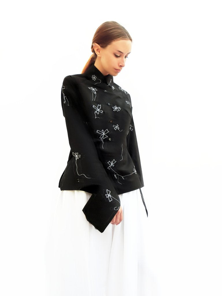 High Collar Flower Stitching Embroidered Shirt