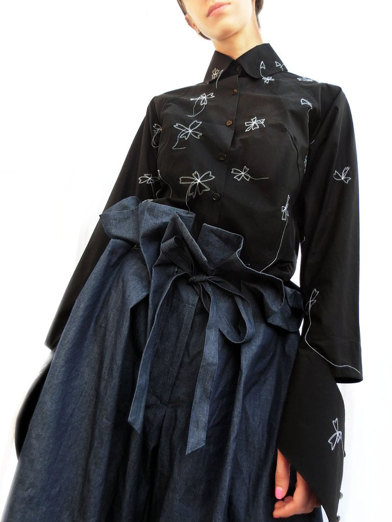 High Collar Flower Stitching Embroidered Shirt