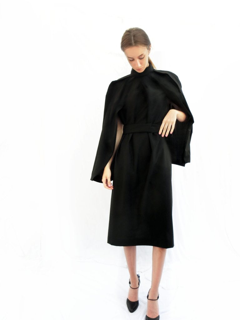 High Collar Angular Pleated Wool Dress