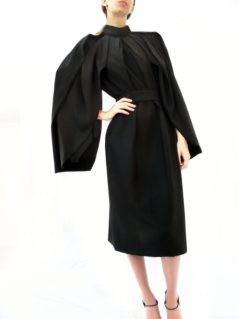 High Collar Angular Pleated Wool Dress