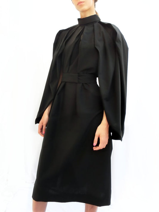 High Collar Angular Pleated Wool Dress