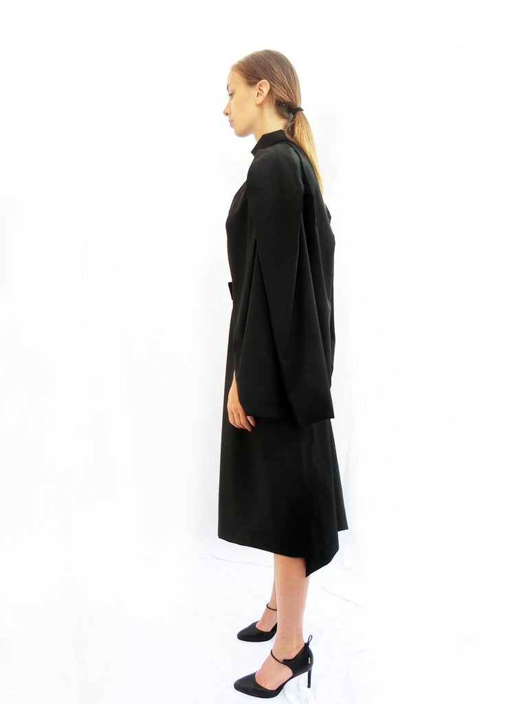 High Collar Angular Pleated Wool Dress