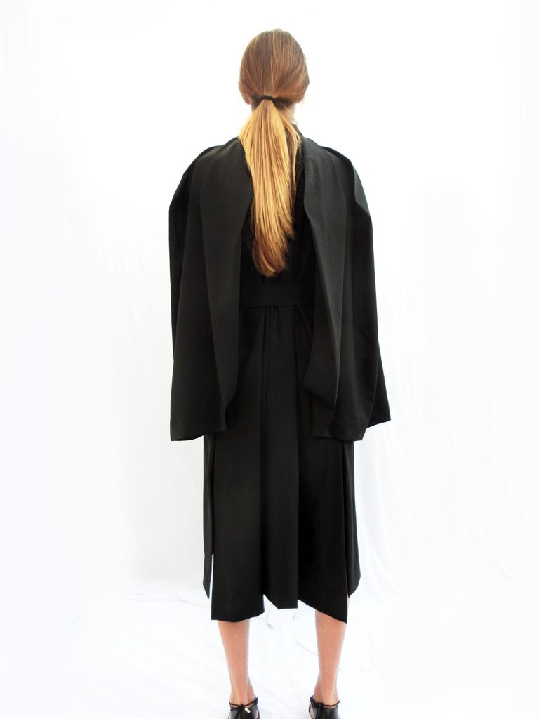 High Collar Angular Pleated Wool Dress