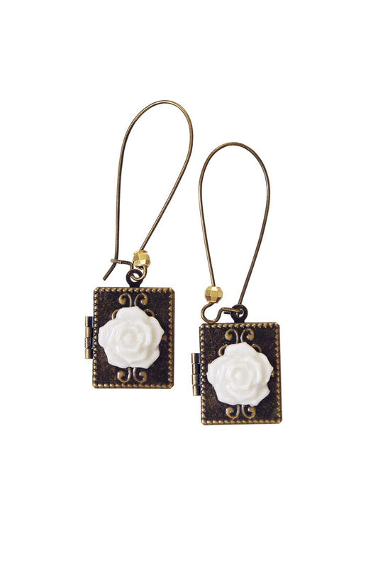 Classic Porcelain Rose On Vintage Book Locket Earrings