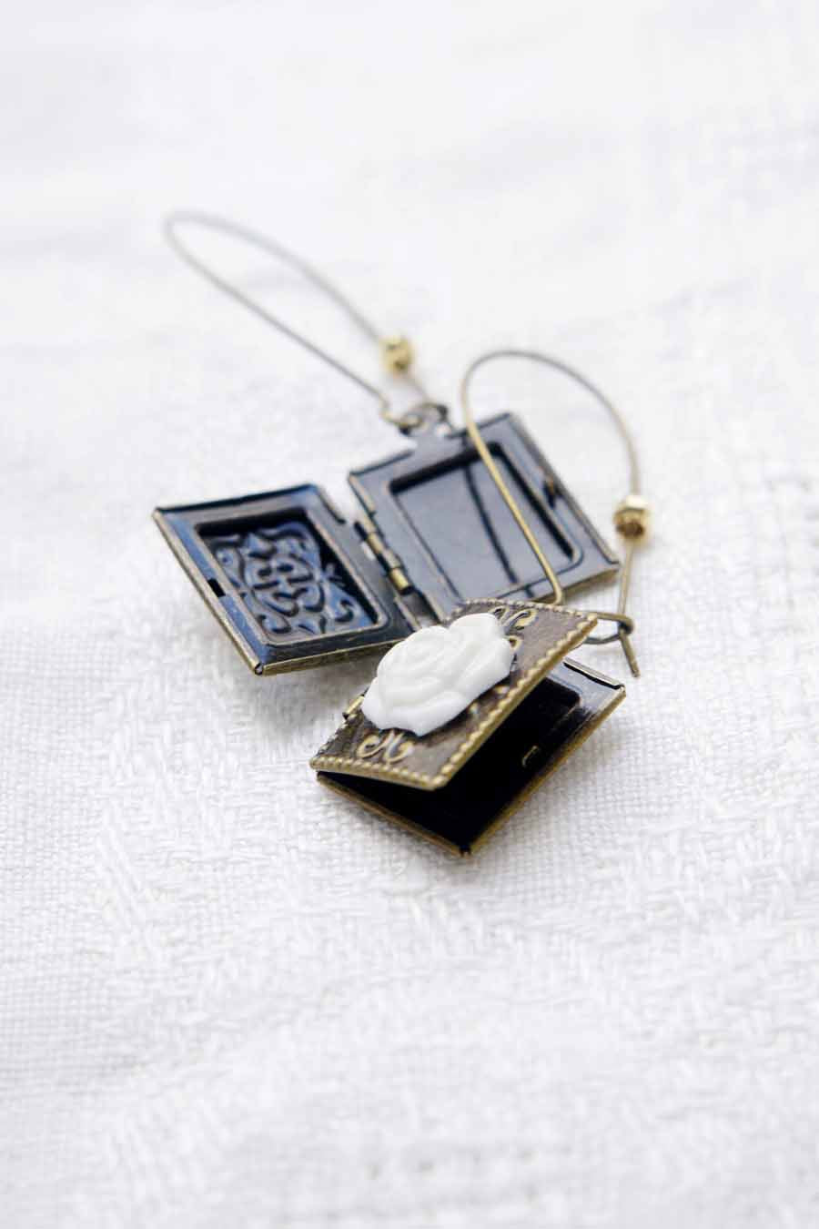 Classic Porcelain Rose On Vintage Book Locket Earrings