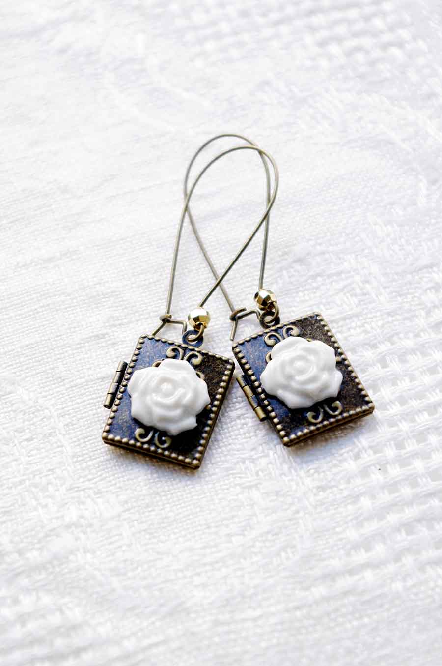 Classic Porcelain Rose On Vintage Book Locket Earrings