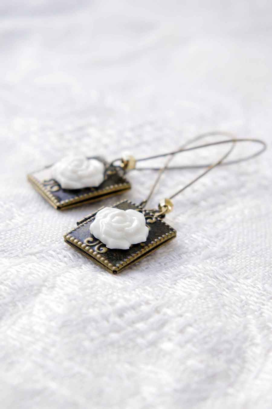 Classic Porcelain Rose On Vintage Book Locket Earrings
