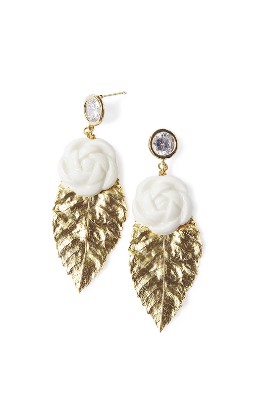 Porcelain Camellias And Golden Leaves Earrings