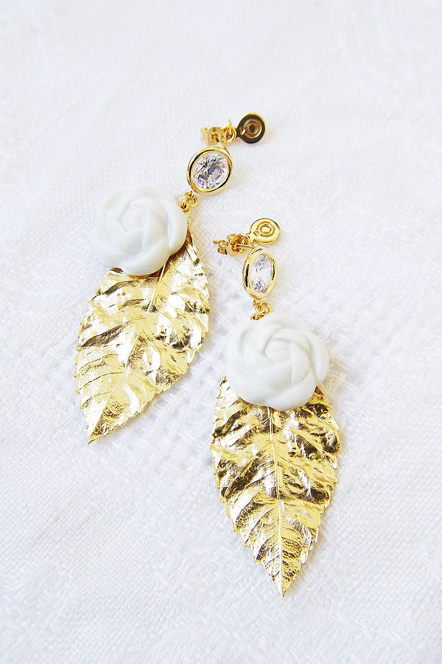 Porcelain Camellias And Golden Leaves Earrings