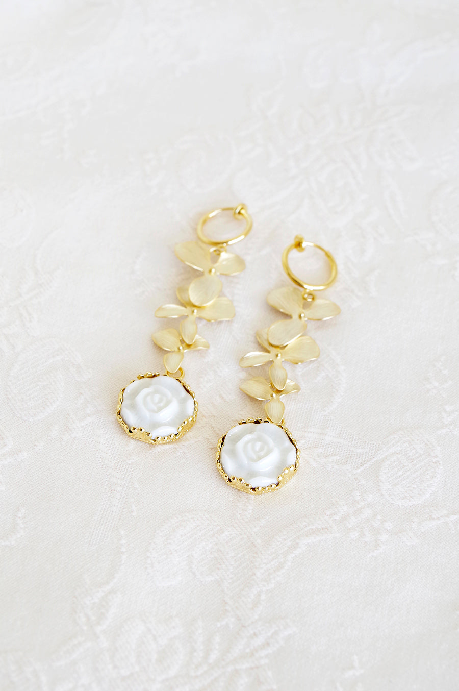 Porcelain Moonlight Rose And Triple Leaves Clip-On Earrings