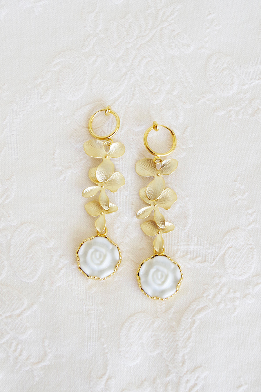 Porcelain Moonlight Rose And Triple Leaves Clip-On Earrings