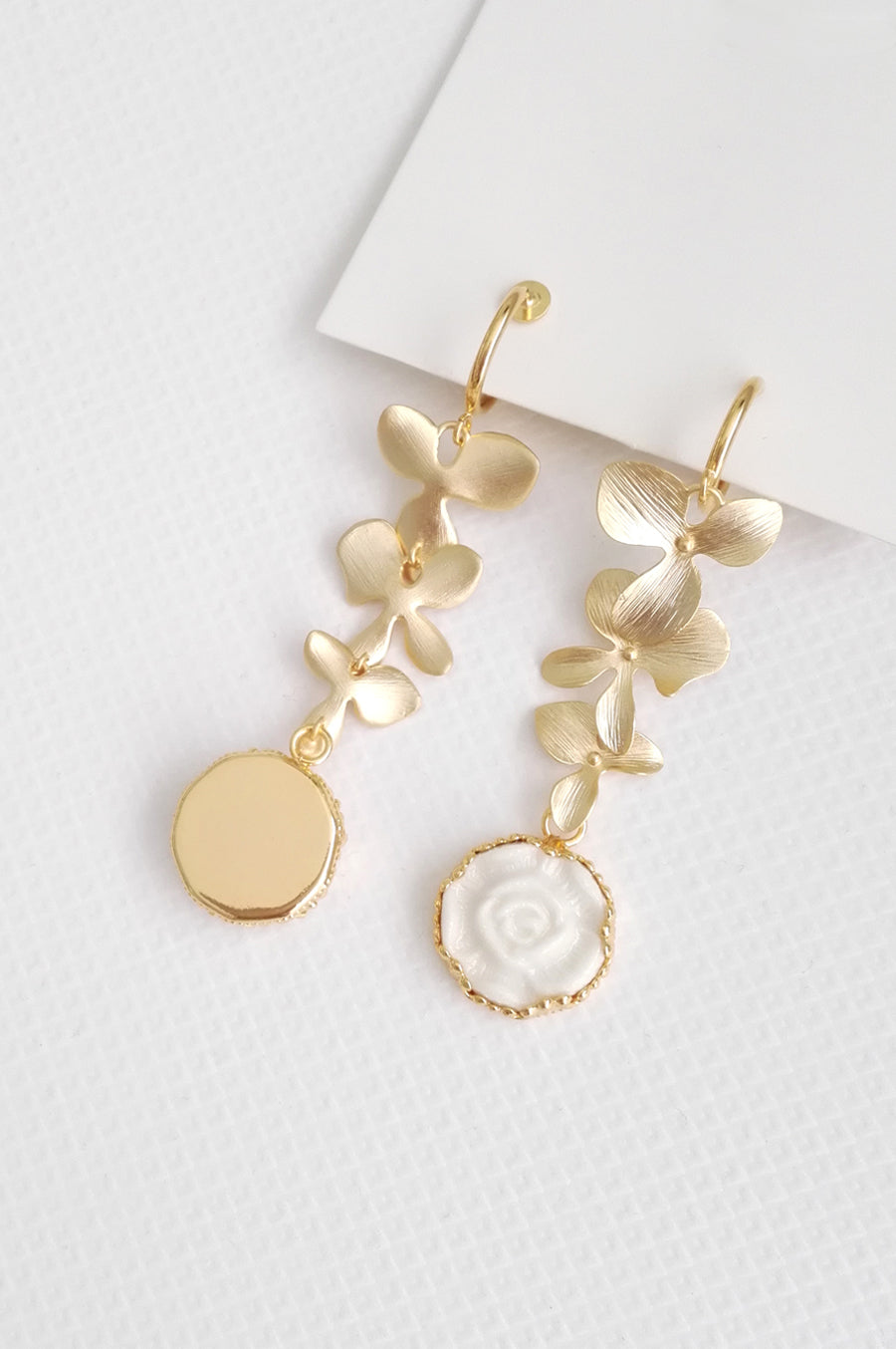 Porcelain Moonlight Rose And Triple Leaves Clip-On Earrings