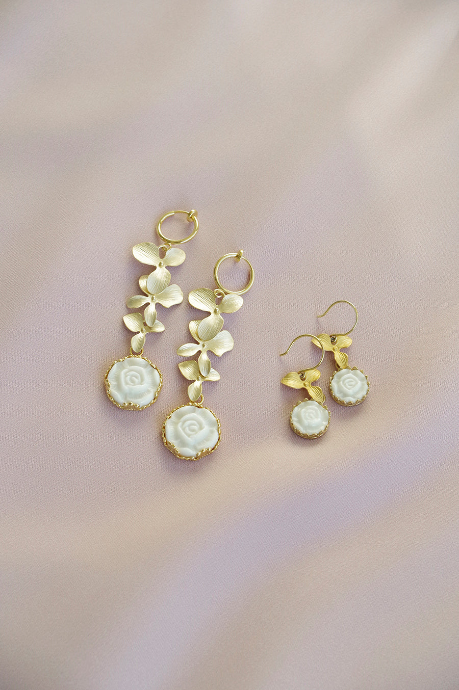 Porcelain Moonlight Rose And Triple Leaves Clip-On Earrings