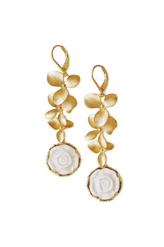 Porcelain Moonlight Rose And Triple Leaves Drop Earrings