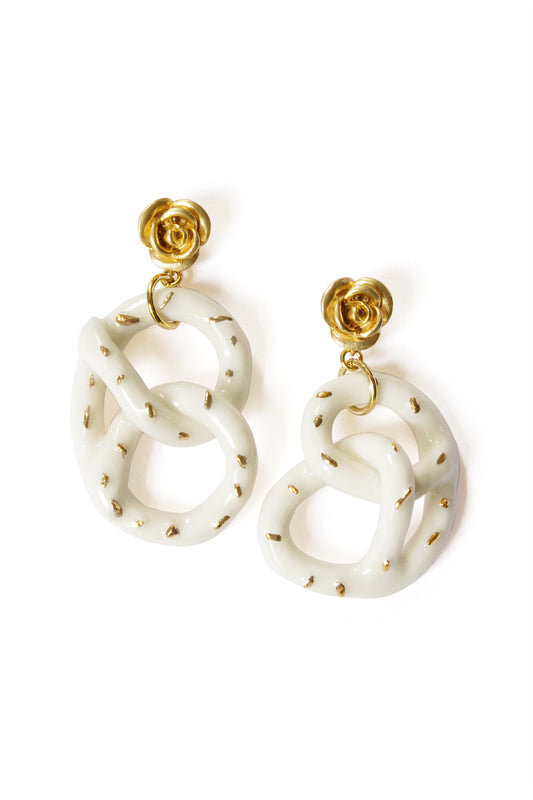 Golden Rose And Salted Porcelain Pretzel Earrings